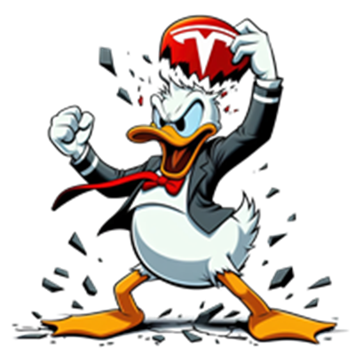 En animeret and i jakkesæt, der bryder igennem en væg, iført en Tesla-hat.