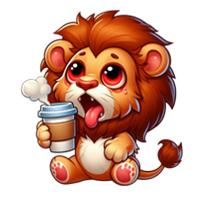 En tegneserie-lignende løveunge holder en kaffekop og ser træt ud.