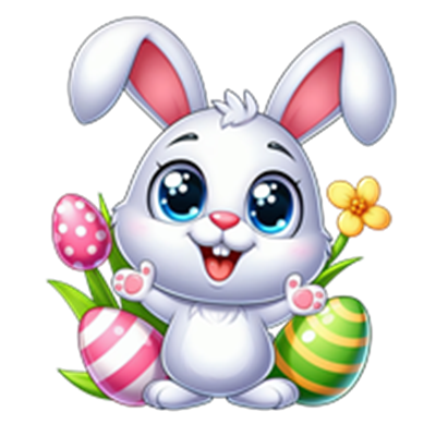 En sød, tegnet påskehare med store øjne, der står blandt farverige påskeæg og en blomst.