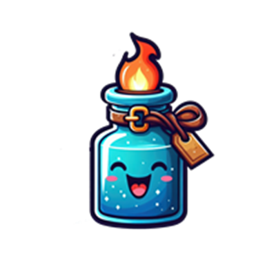 En farverig og glad flaske med en flamme på toppen, der udstråler liv og energi.