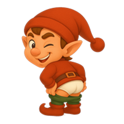 En glad nisse dreng, der vinker med et skævt smil, iført rød dragt og grønne bukser.