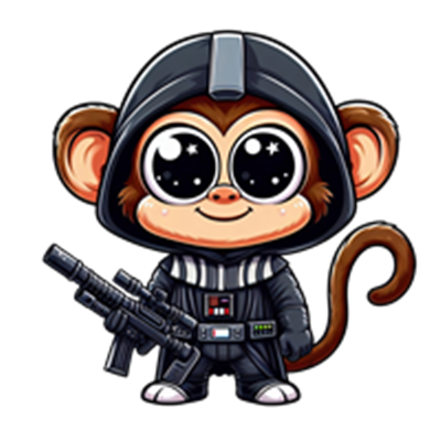 En tegneserieagtig abe iført en Darth Vader-dragt, der holder en laserblaster.