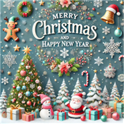 Et farverigt julemotiveret billede med juletræer, gaver, snemænd og dekorative elementer.
