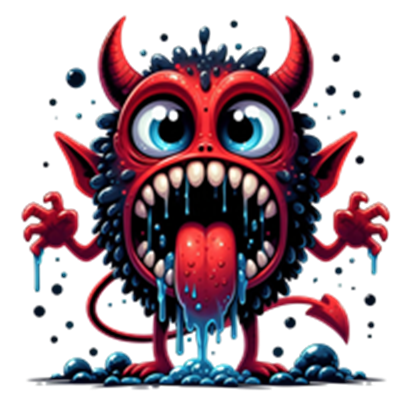 Et sjovt og farverigt monster med store øjne, skarpe tænder og en lang tunge, der ser ud til at sprøjte væske.