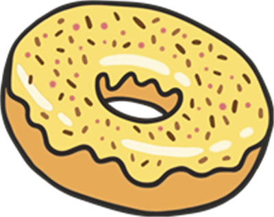 En farverig donut med en gul glasur og chokolade-krymmel på toppen.