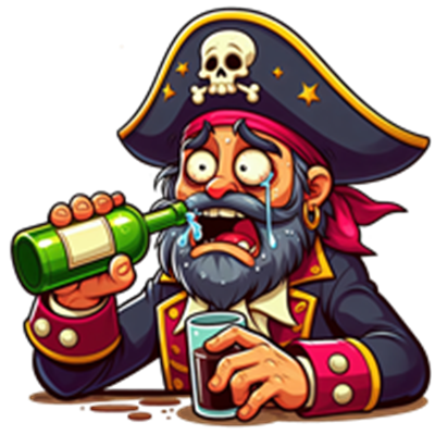 En farverig illustration af en pirat, der græder, mens han drikker fra en flaske.