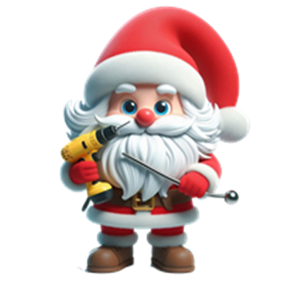 En farverig, cartoonagtig julemand holder en boremaskine og en skruenøgle.