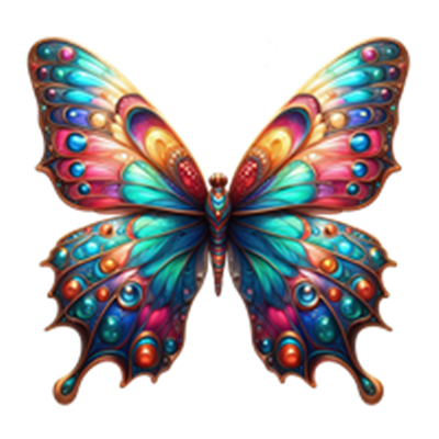 En smuk, farverig sommerfugl med detaljerede mønstre og perle-lignende dekorationer.