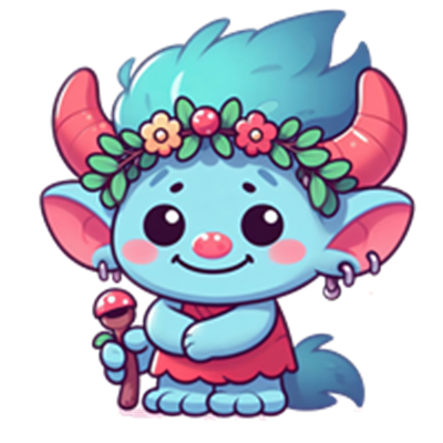 En sød, farverig karakter med horn og blomsterkrans, der holder en stav.