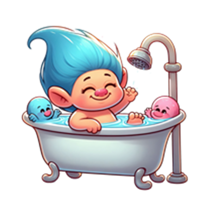 En farverig tegneseriefigur med blå hår, der leger i et badekar med to små væsner.