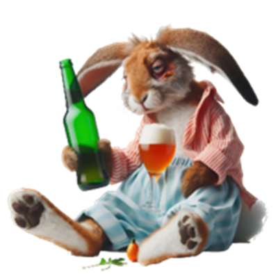 En antropomorf kanin iført tøj, der nyder en flaske øl og et glas drink.