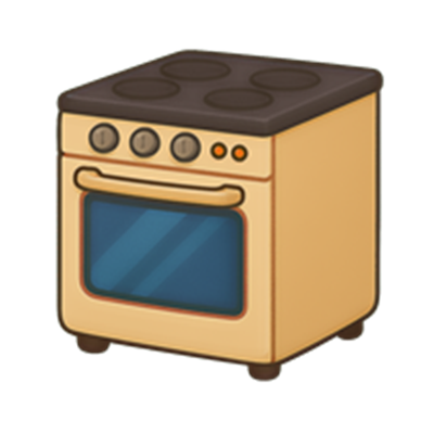 Et illustreret komfur med fire kogeplader og en ovn, der har en glasdør.