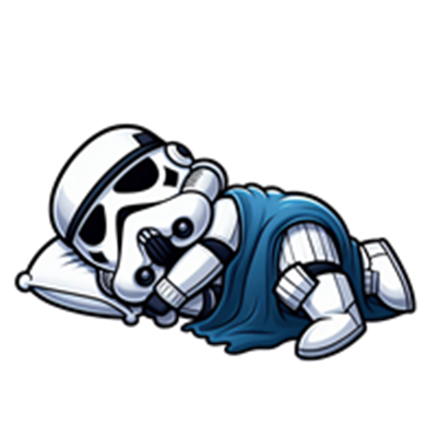 En sød tegneseriefigur af en stormtrooper, der ligger og sover med en pude og tæppe.