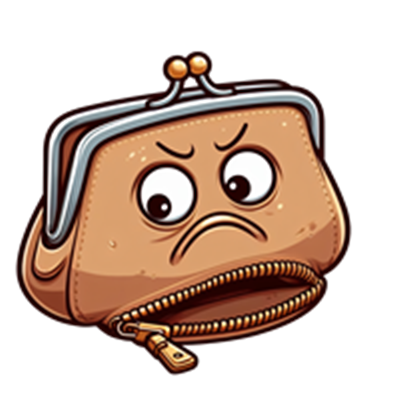 En tegneserieagtig pengepunge med et surt ansigt, der viser utilfredshed.