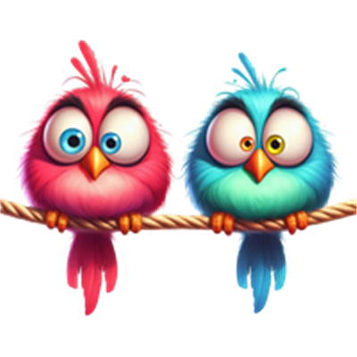 To søde, farverige fugle sidder på en gren, den ene pink og den anden blå.