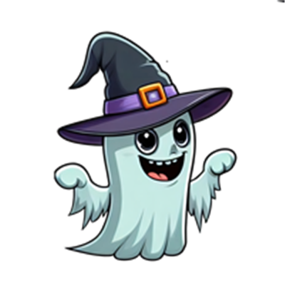 Et sødt, cartoonagtigt spøgelse iført en sort heksehue, der ser glad ud.
