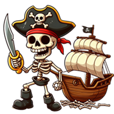 En farverig illustration af en skeletpirat med sværd og et skib.
