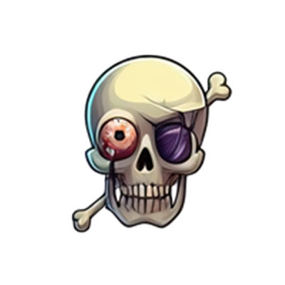 Et cartoon-agtigt skelet med et farvet øje og en sort øjenklap, omgivet af knogler.