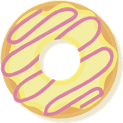 En illustreret donut med en lysegul glasur og pink striber ovenpå.
