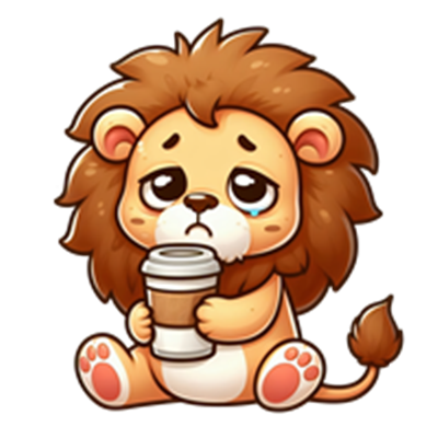 En sød, tegneserieagtig løve med store øjne, der holder en kaffekop og ser trist ud.