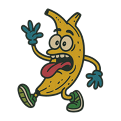 En tegneserieagtig banan med ansigt, der løber og laver sjove grimasser.
