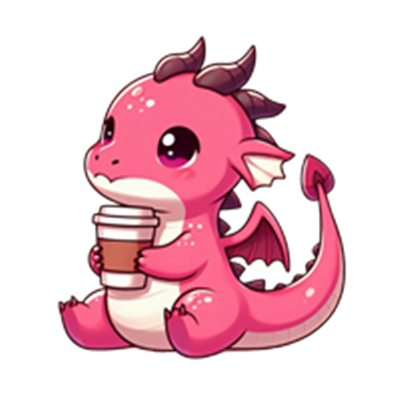 En nuttet, lyserød drage sidder og holder en kaffekop, med store, udtryksfulde øjne.