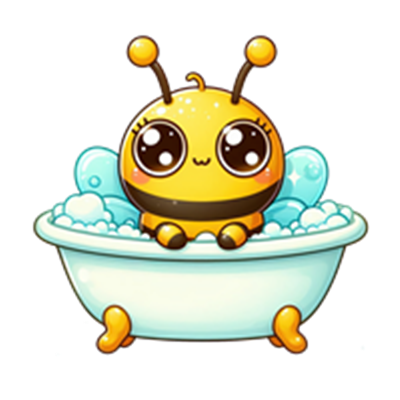 En nuttet, tegneserieagtig bi sidder i et badekar fyldt med skum og bobler.