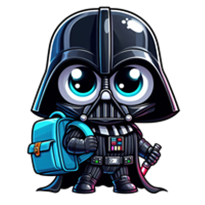 En tegneserieversion af Darth Vader med store øjne og en rygsæk.