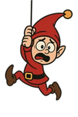 En nisse i rødt tøj, der ser bange ud, mens han hænger i en snor.