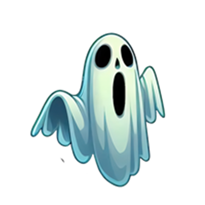 Et farverigt og cartoonagtigt spøgelse med åbent ansigt og flyvende ærmer.