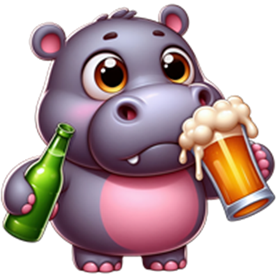 En farverig og sød tegneserieflodhest, der holder en øl og en sodavandsflaske.