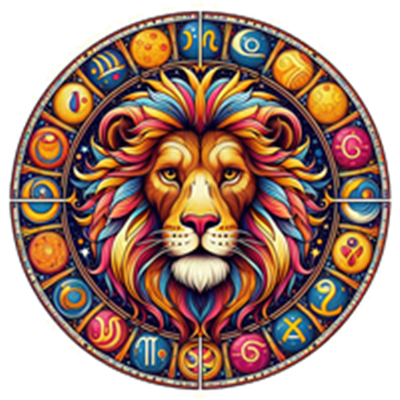 Et kunstnerisk billede af en løve med farverige manker, omgivet af stjernetegn.