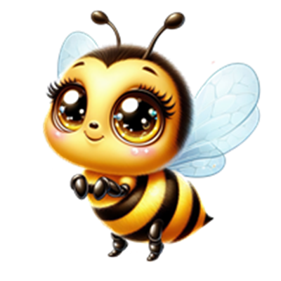 En farverig og sød tegneseriebi med store, glitrende øjne og gennemsigtige vinger.