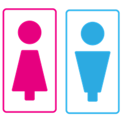 To toiletikoner, et for kvinder (pink) og et for mænd (blå).