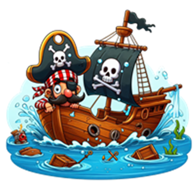 Et farverigt piratskib med en glad pirat, der sejler i bølgerne.