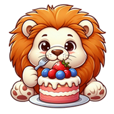 En tegneserie-lignende løve med en stor, fluffy manke, der spiser kage med bær.