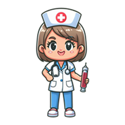 En tegneserieagtig sygeplejerske med et venligt smil, iført uniform og holder en sprøjte.