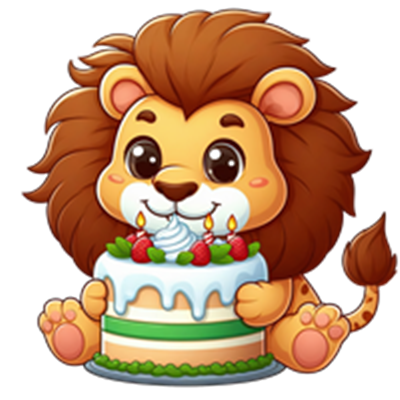 En tegneserieagtig løve holder en farverig fødselsdagskage med lys og pynt.