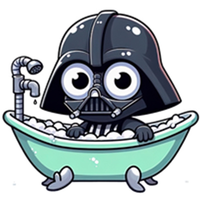 En sød, cartoon-agtig version af Darth Vader, der sidder i et badekar fyldt med skum.