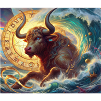 En majestætisk tyr svømmer gennem bølgerne, omgivet af mystiske symboler.