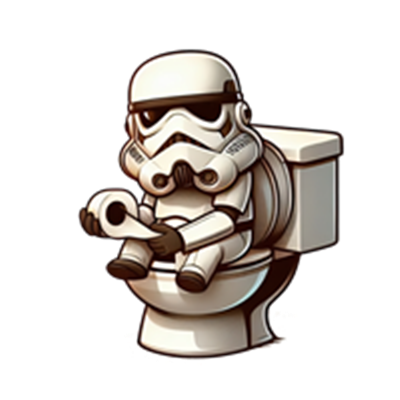En sjov illustration af en stormtrooper, der sidder på et toilet med toiletpapir.