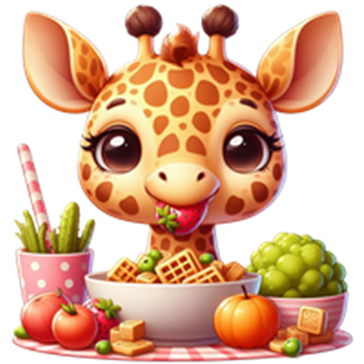 En farverig og glad giraf, der nyder en skål med forskellige snacks og frugter.