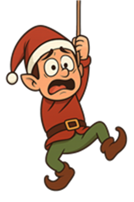 En nervøs nisse hænger fra en snor med et skræmt udtryk.