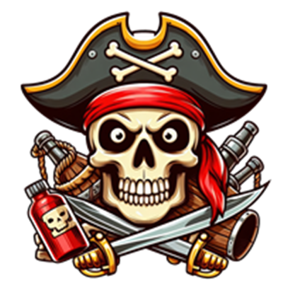 En farverig illustration af et piratskalle iført en pirathat, med sværd og kanoner i baggrunden.