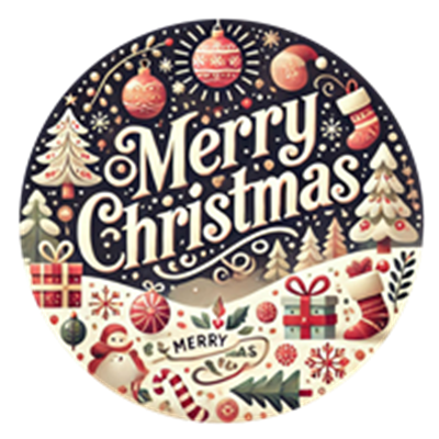 Et farverigt og festligt billede med teksten Merry Christmas, dekoreret med juletræer, gaver og sne.