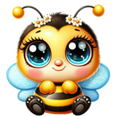 En farverig og nuttet bi med blomsterkrans og store, glitrende øjne.