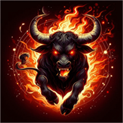 Et dramatisk billede af en sort tyr omgivet af flammer, med lysende øjne og en truende attitude.
