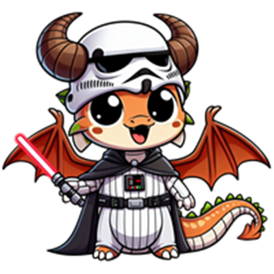 En sød drage iført en stormtrooper-hjelm og en Darth Vader-kappe, med vinger og lysaber.