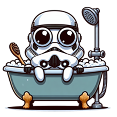 En sød, tegneserieagtig stormtrooper sidder i et badekar fyldt med skum.