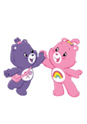 To glade, farverige bjørne holder hænder og smiler, symboliserer venskab.